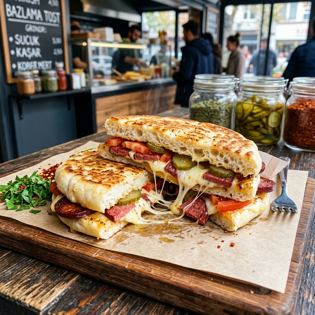 İzmir Yenişehir Patron Sandviç - Köy Bazlamasında Tereyağlı Kaşarlı Sucuklu Tost